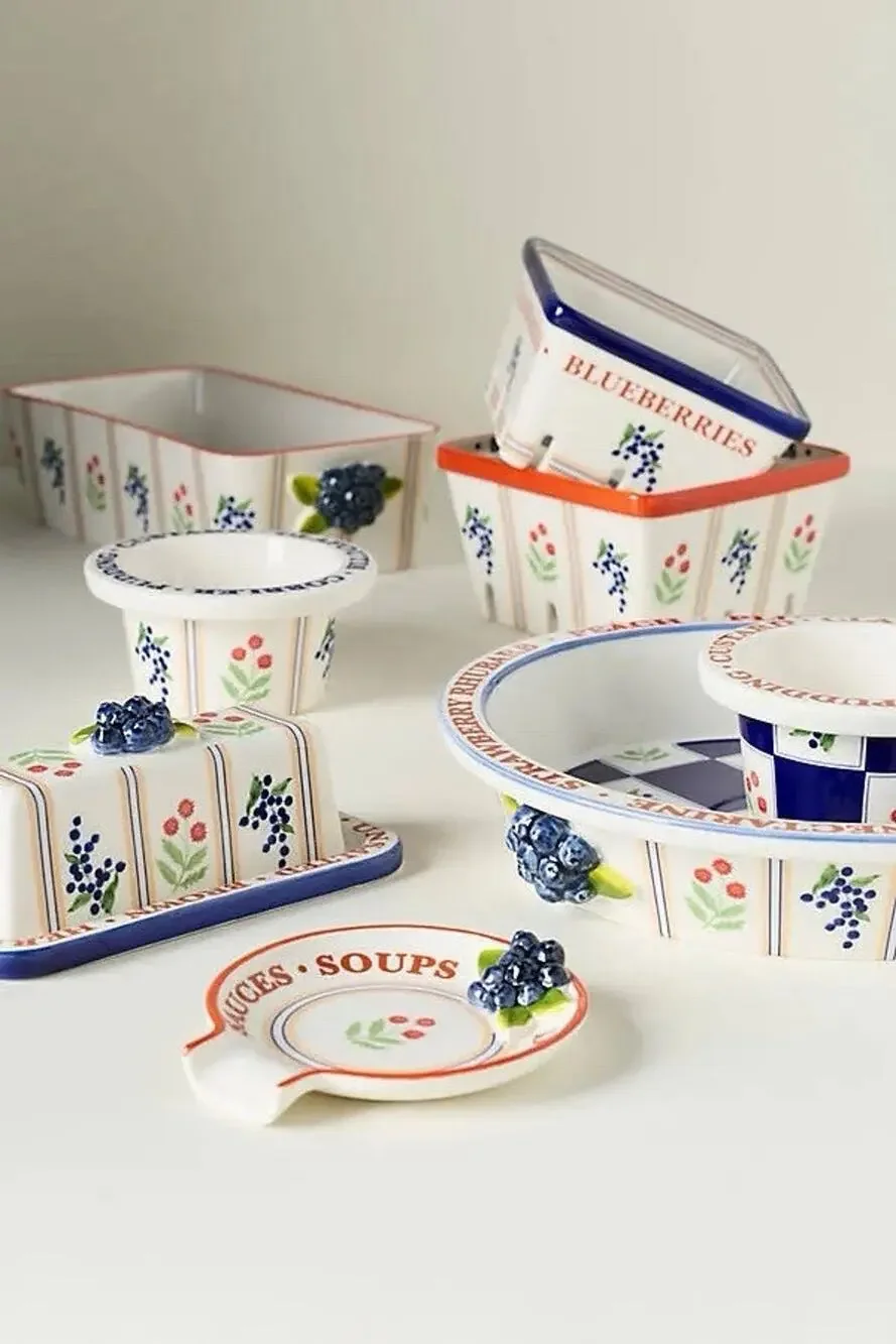 Anthropologie Lou Rota Stoneware Pie Dish Remikens Butter Dish Spoon Rest Set